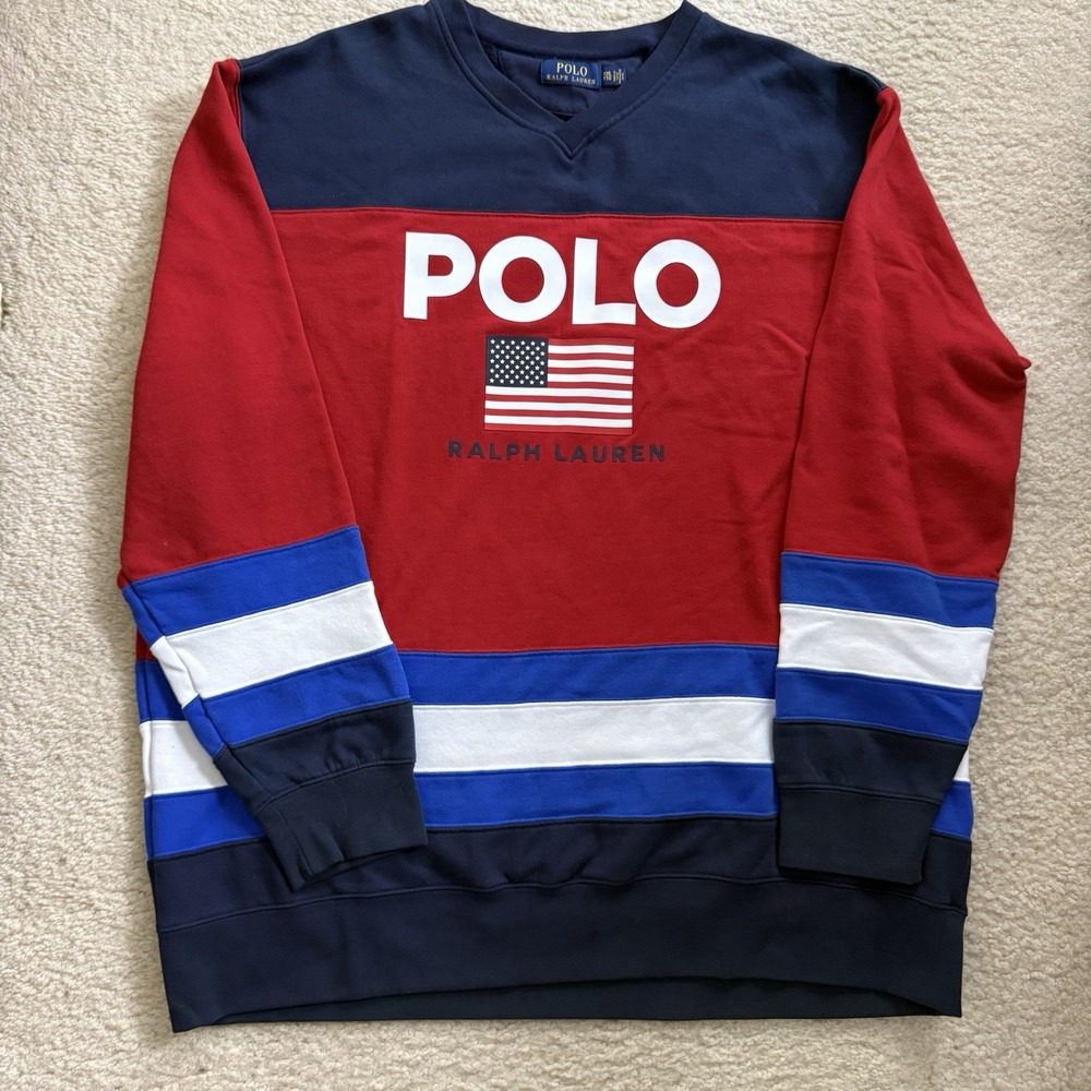 Polo Ralph Lauren American Flag Colorblock Rugby Polo Shirt Sz XXL V Neck Preppy